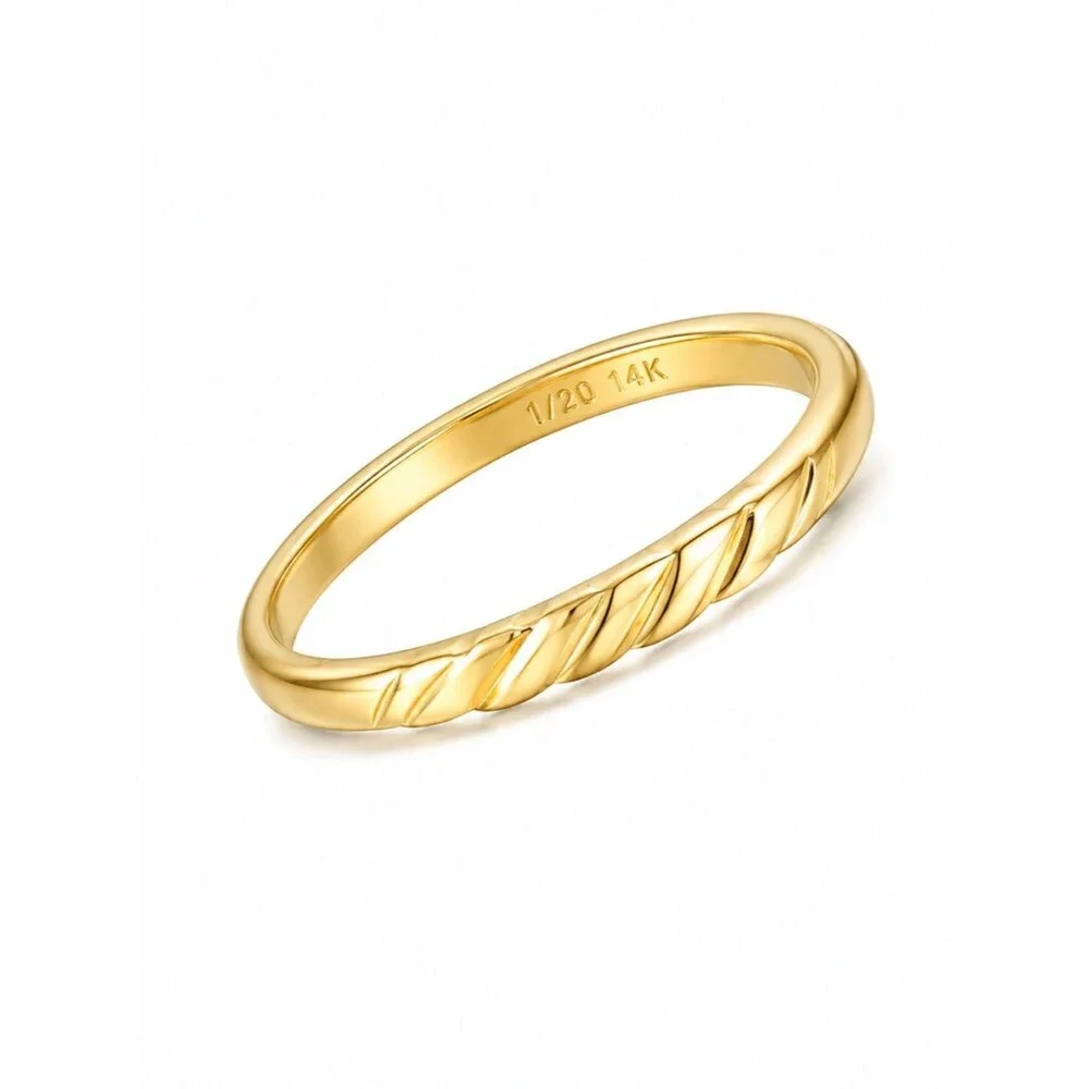 14K Gold Croissant Twist Ring Dainty Ribbed Stacking Wedding Band Size 4-10